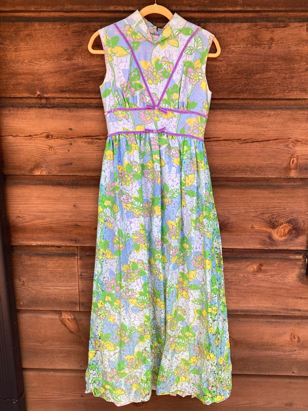 Vintage Floral Maxi Dress Velvet Trim